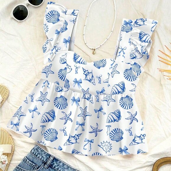 Boho Women's Casual Vacation Style Shell & Ocean print top - Picture 4 of 7